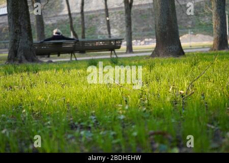 Frau, die im Frühling auf der Bank im Park ruht Stockfoto