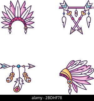 Native indianische Hut- und Amulett-RGB-Farbsymbole festgelegt. Stammchefin heddert mit Federn. Boho-Stil mit Pfeilen und Zähnen. Ethnische Zugehörigkeit Stock Vektor