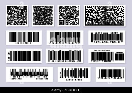 Barcode-Etiketten. Produktetikett Bar Aufkleber, Barcodes Abzeichen und Industrie qr-Code isolierte Symbole Vektor-Set. Kennziffern für das Produkt Stock Vektor