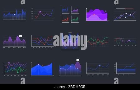 Lineare Grafikdiagramme. Vektorsatz für Business-Grafiken, Liniendiagramme und Business-Infografiken. Überwachung von finanziellen Vermögenswerten. Investitionen Stock Vektor