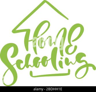 Konzept des Schullogo für zu Hause. Vector Home Schulbildung Kalligraphie Schrift Text und Haus-Symbol. Für das Studium zu Hause online. Abbildung Emblem von Stock Vektor
