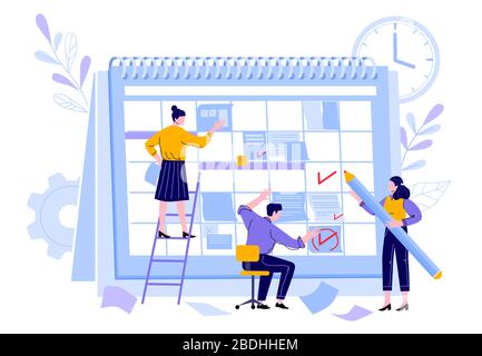 Manager-Team organisieren Projektkalender. Professionelle Manager-Mitarbeiter, Kalender für Arbeitszeiterplaner und Teamarbeit Aktivität Organisation Plan Vektor Stock Vektor