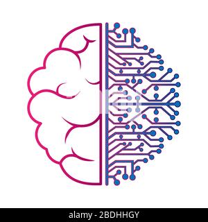 Linke und rechte Hemisphäre des Gehirns. Künstliche Intelligenz. Dünne Linien isoliert auf weißem Hintergrund, leere Kontur. Flaches Design. Stock Vektor