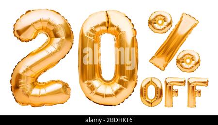 Golden Twenty Prozent Verkaufszeichen aus aufblasbaren Ballons isoliert auf Weiß. Heliumballons, Goldfolienummern. Verkaufsdekoration, schwarzer freitag Stockfoto