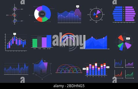 Infografik. Bunte Datengraphen, Statistiken Dashboard Diagramm und analytische Präsentation Grafik Vektor-Set. Visualisierung von Geschäftsdaten Stock Vektor