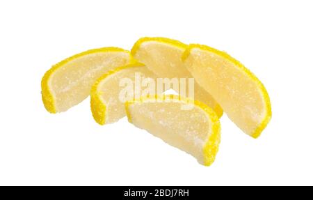 Fruchtgelees. Gelee Süßigkeiten isoliert auf weißem Hintergrund. Verschiedene Marmelade bunte Fruchtgelee Zuckerwürfel. Stockfoto