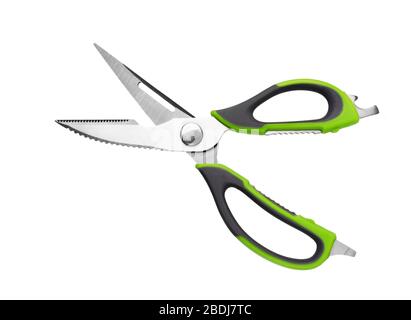 Küchenschere isoliert auf weißem Grund. Küchenschere aus Edelstahl oder Küchenschere mit Griff und Nussknacker für die Zubereitung von Speisen. Stockfoto