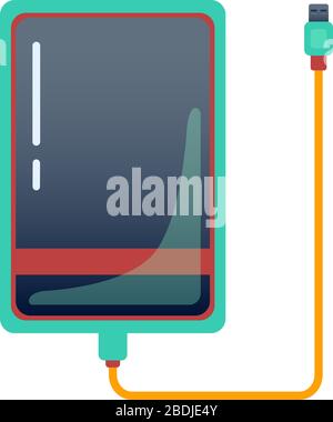 Externe Festplatte mit USB-Kabel, isoliert auf weißem Hintergrund. Farbige Powerbank zum Laden mobiler Geräte. Tragbares externes Festplattenlaufwerk. Vektorgrafiken des Speicherlaufwerks. Stock Vektor