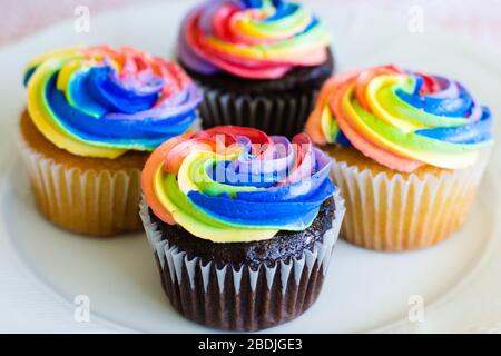 Schokolade und Vanille Cupcakes mit Regenbogen creaming Stockfoto