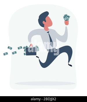 Kaukasier Business man mit Aktenkoffer voller Geld. Junger Geschäftsleute, der Geld gestohlen hat. Konzept der Wirtschaftskriminalität. Stock Vektor