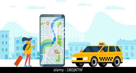 Taxi bestellen Service App Konzept. Weiblich halten Smartphone mit Route Geotag gps Position PIN Ankunft Adresse auf Stadtplan und gelb cab. Online holen taxicab Anwendung flache Vektor eps Illustration Stock Vektor