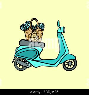 Blauer Oldtimer. Vektorgrafiken. Grüne Vespa mit Blumen im Korb auf gelbem Hintergrund. Niedliche Motobike. Flacher Cartoon-Stil Stock Vektor