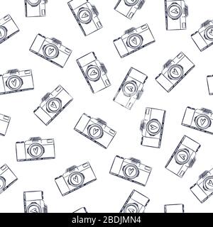 Nahtloses Muster. Symbol für Retro-Kamera auf weißem Hintergrund isoliert. Handgezeichnete Vektorgrafiken. Linienart. Stock Vektor