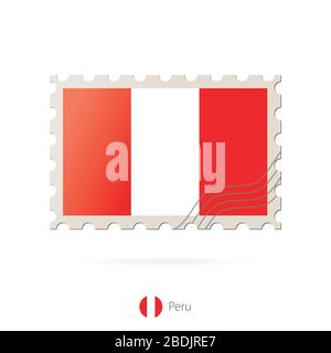 Briefmarke mit dem Bild der Flagge Perus. Peru Flag Porto auf weißem Hintergrund mit Schatten. Vektorgrafiken. Stock Vektor