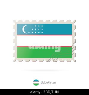 Briefmarke mit dem Bild der Flagge Usbekistans. Usbekistan Flag Porto auf weißem Hintergrund mit Schatten. Vektorgrafiken. Stock Vektor