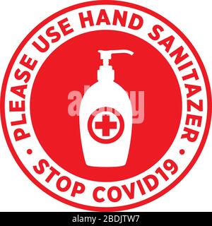 Bitte verwenden Sie die Schilder oder Sticker von Desinfektionsmittel, um das Risiko zu verringern, Coronavirus Covid-19 zu fangen. Vektorzeichen. Stock Vektor