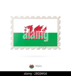 Briefmarke mit dem Bild der Flagge von Wales. Wales Flag Porto auf weißem Hintergrund mit Schatten. Vektorgrafiken. Stock Vektor