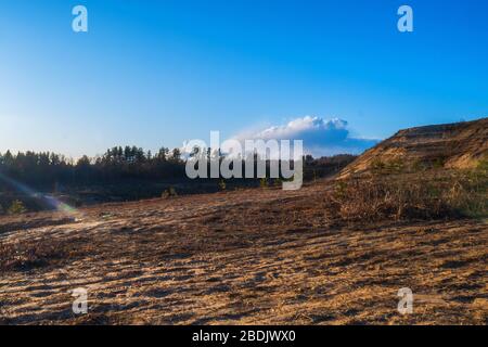 Natürlicher Sonnenuntergang vor dem Hintergrund der Wälder. Stockfoto