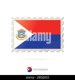 Briefmarke mit dem Bild der Flagge Sint Maarten. Sint Maarten Flag Porto auf weißem Hintergrund mit Schatten. Vektorgrafiken. Stock Vektor