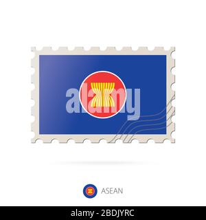 Briefmarke mit dem Bild der ASEAN-Flagge. ASEAN Flag Porto auf weißem Hintergrund mit Schatten. Vektorgrafiken. Stock Vektor