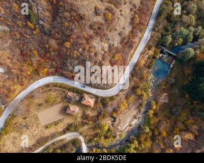 Herbst Wald drone Luftaufnahme, Ansicht von oben von Laub Bäume und auf der Straße. Stockfoto