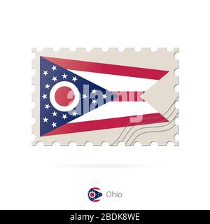 Briefmarke mit dem Bild der Staatsflaggen von Ohio. Ohio-Flagge-Porto auf weißem Hintergrund mit Schatten. Vektorgrafiken. Stock Vektor