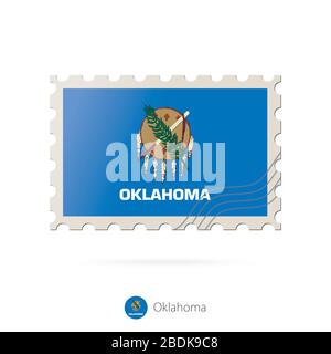 Briefmarke mit dem Bild der Staatsflaggen von Oklahoma. Oklahoma Flag Porto auf weißem Hintergrund mit Schatten. Vektorgrafiken. Stock Vektor