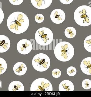 Bienen isoliert in Kreisen auf grauem Hintergrund nahtloses Vektormuster Oberflächengestaltung Honigbienen Stock Vektor