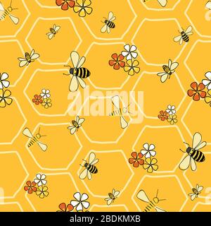 Bienen und Blumen nahtloses Vektormuster auf gelblichem Wabenhintergrund Stock Vektor