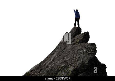 Abenteuerlicher Mann, Hiker mit Hands Up auf einem steilen Rocky Cliff. Stockfoto