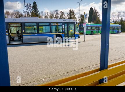 N. Vancouver, Kanada - 7. April 2020: Öffentlicher Transitbus mit Meldung für Passagiere, die während der Pandemie von Coronavirus Hintertüren des Fahrzeugs betreten Stockfoto