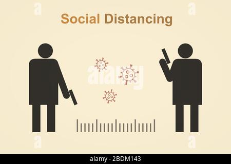 Soziale Distanzierung während des Ausbruchs des Coronavirus und der Pandemie. Menschen halten Sicherheitsabstand an öffentlichen Ort, um vor COVID-19-Krankheit zu schützen. Lustige illust Stockfoto