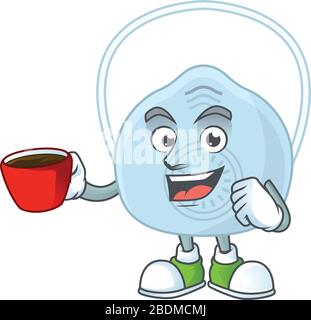 Ein Cartoon-Charakter der Atemmaske mit einer Tasse Kaffee Stock Vektor