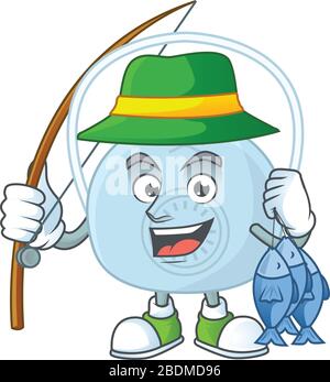 Ein Bild vom Maskenfisher-Maskottchen-Design fängt einen Fisch Stock Vektor