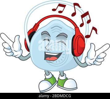 Cartoon-Maskottchen-Design Atemmaske zum Musikgenuss mit Headset Stock Vektor