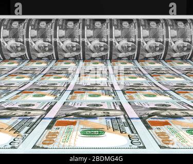 Gelddruck 100 US-Dollar-Banknoten Stockfoto