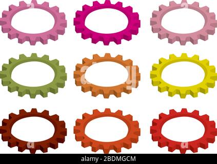 Vektordarstellung von Zahnrädern, mechanischem Zahnradgetriebe für Rotation, in verschiedenen lebhaften Farben isoliert auf weißem Hintergrund. Stock Vektor