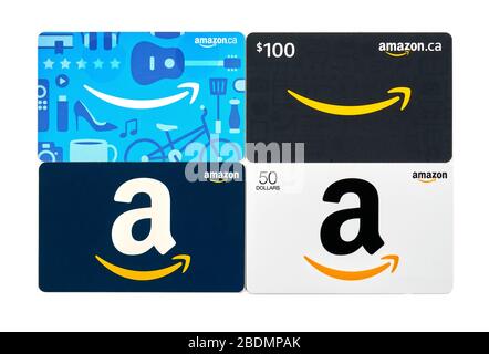Montreal, Kanada - 6. April 2020: Amazon Geschenkgutscheine. Amazon ist ein Titan von E-Commerce, Logistik, Zahlungen, Hardware, Datenspeicher, Cloud Computing, an Stockfoto
