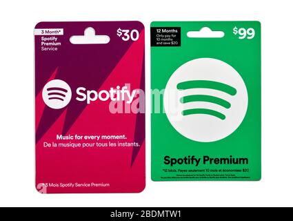 Montreal, Kanada - 6. April 2020: Spotify Geschenkgutscheine. Spotify Technology ist ein internationaler Mediendienstleister mit Hauptsitz in Stockholm, Swed Stockfoto