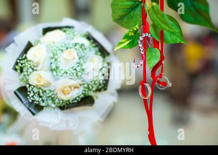 Die Ringe hingen von einem roten Band. Zwei Hochzeitsringe hingen an einem Baumzweig . Stockfoto