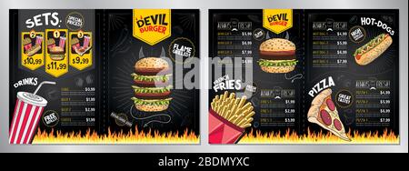 Devil Burger - Restaurantkarte/-Vorlage - (Burger, Pommes frites, Hot Dogs, Pizza, Getränke, Sets) - 2 x A4 (210 x 297 mm) Stock Vektor