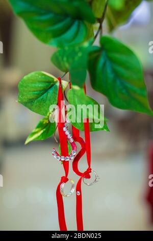 Die Ringe hingen von einem roten Band. Zwei Hochzeitsringe hingen an einem Baumzweig . Stockfoto