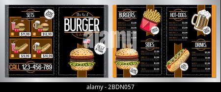 Burger Restaurant/Bar-Menüvorlage (Burger, Pommes frites, Hot Dogs, Getränke, Sets) - 2 x A4 (210 x 297 mm) Stock Vektor