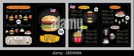 Burger Restaurant/Bar-Menüvorlage (Burger, Pommes frites, Desserts, Getränke, Sets) - 2 x A4-Karte (210 x 297 mm) Stock Vektor