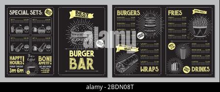 Menüvorlage Burger Bar - A4-Karte (Burger, Wraps, pommes frites, Getränke, Sets) Stock Vektor