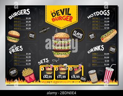 Vorlage für Devil Burger Card - Tischmenü (Burger, pommes frites, Hot Dogs, Getränke, Sets) - GRÖSSE A3 (420x297 mm) Stock Vektor