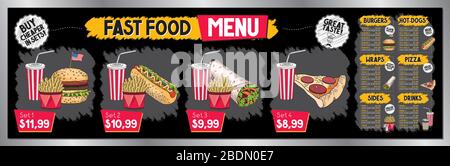 Fast-Food-Restaurant-Menüvorlage - Preisliste/Banner (Sets, Burger, Hot-dogs, Tortilla-Wraps, Pizza, pommes frites, Getränke) - 200 x 60 cm Stock Vektor