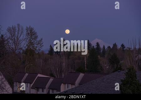 Der aufgehende Mond über dem Land im Bundesstaat Oregon. Stockfoto