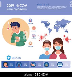 Covid19 Pandemie-Flyer mit Paaren mit Gesichtsmasken Infografiken Stock Vektor