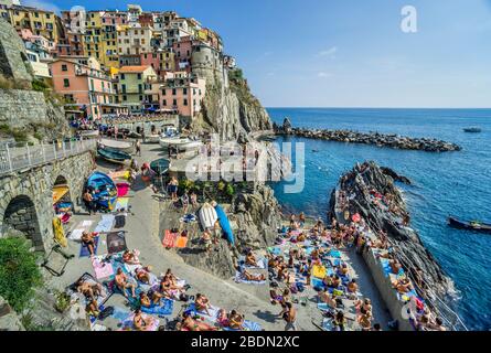 Sonnenanbeter am rockigen Hafen von Manarola in der Cinque Terre, Ligurische Riviera di Levante, Ligurien, Italien Stockfoto